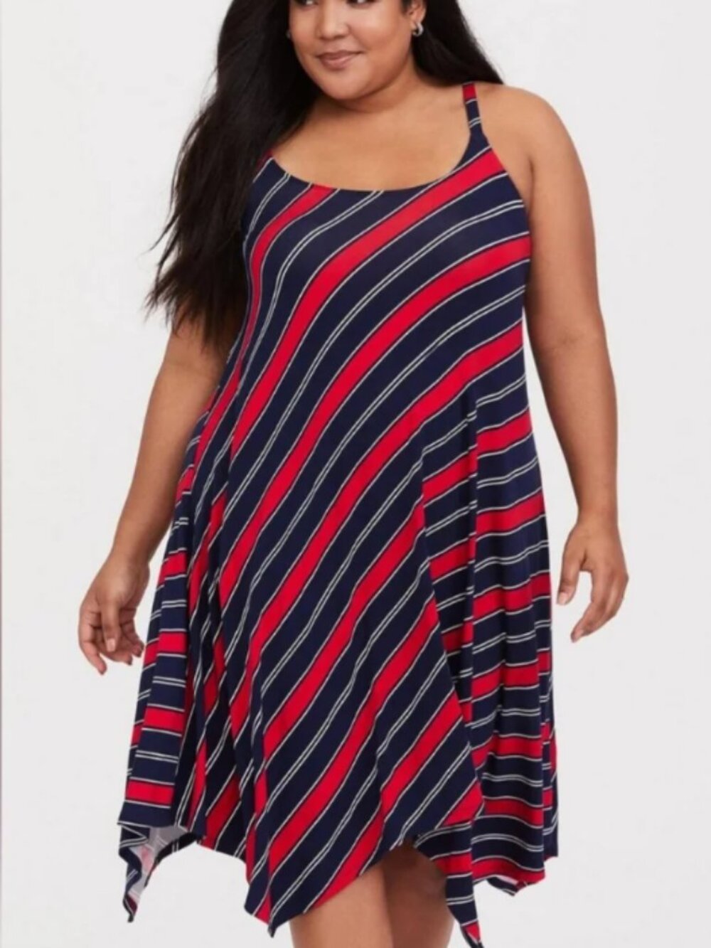 Torrid Red Navy Striped Midi Jersey Handkerchief Trapeze Dress Plus Sz 2X
